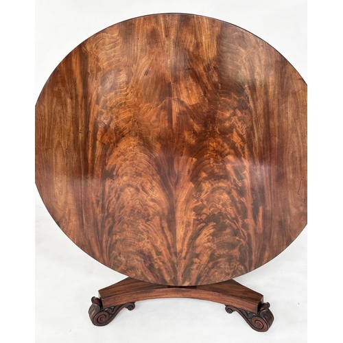 287 - BREAKFAST TABLE, William IV flame mahogany circular with graduated column and triform lappet carved ... 