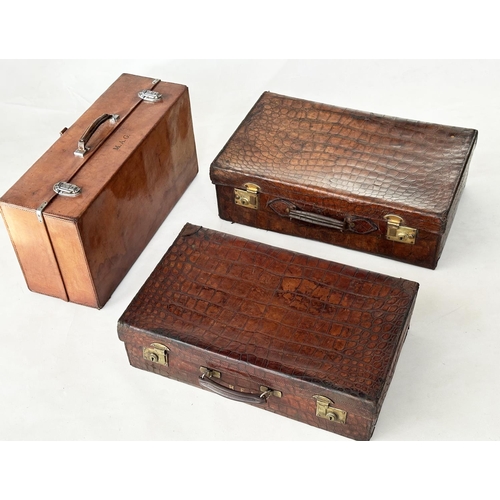 292 - SUITCASES,  two, vintage crocodile with gilt brass mounts together with a leather fitted shoe case. ... 