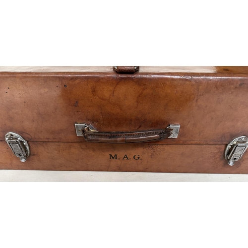 292 - SUITCASES,  two, vintage crocodile with gilt brass mounts together with a leather fitted shoe case. ... 