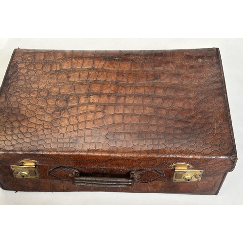 292 - SUITCASES,  two, vintage crocodile with gilt brass mounts together with a leather fitted shoe case. ... 