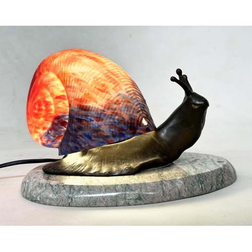 465 - SNAIL TABLE LAMP, French 1980's glass and bronze metal on marble plinth, 25cm W.