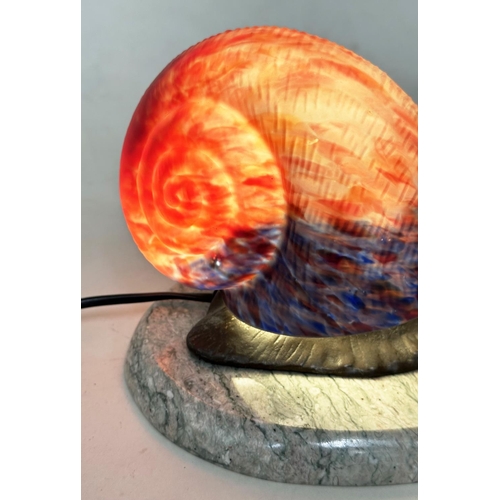 465 - SNAIL TABLE LAMP, French 1980's glass and bronze metal on marble plinth, 25cm W.