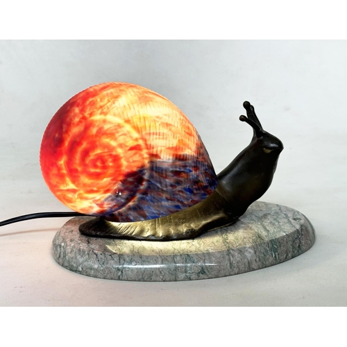 465 - SNAIL TABLE LAMP, French 1980's glass and bronze metal on marble plinth, 25cm W.