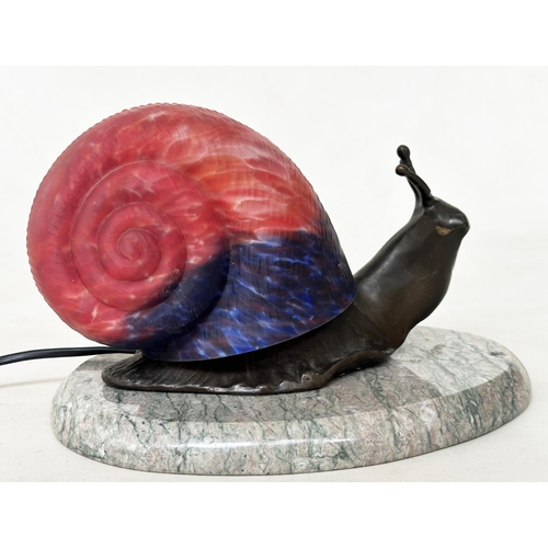 465 - SNAIL TABLE LAMP, French 1980's glass and bronze metal on marble plinth, 25cm W.