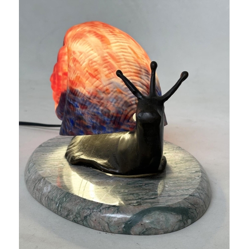 465 - SNAIL TABLE LAMP, French 1980's glass and bronze metal on marble plinth, 25cm W.