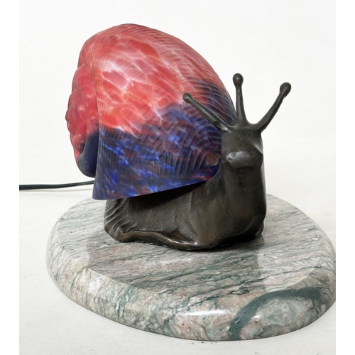 465 - SNAIL TABLE LAMP, French 1980's glass and bronze metal on marble plinth, 25cm W.