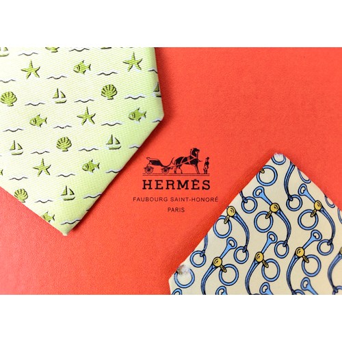 34A - THREE HERMÈS TIES, different motifs, all 100% silk, made in France with two boxes and one Salvatore ... 