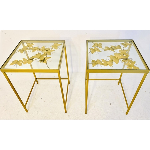 494 - SIDE TABLES, a pair, gilt metal and glass with butterfly detail to tops, 51cm H x 35cm W x 35cm D. (... 