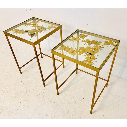 494 - SIDE TABLES, a pair, gilt metal and glass with butterfly detail to tops, 51cm H x 35cm W x 35cm D. (... 