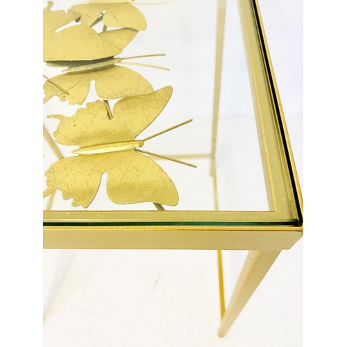 494 - SIDE TABLES, a pair, gilt metal and glass with butterfly detail to tops, 51cm H x 35cm W x 35cm D. (... 