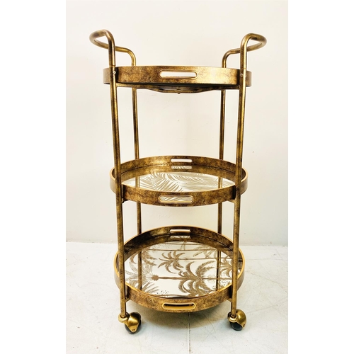 497 - DRINKS TROLLEY, gilt metal with three glazed tiers with palm tree decoration, 87cm H x 47cm W x 45cm... 