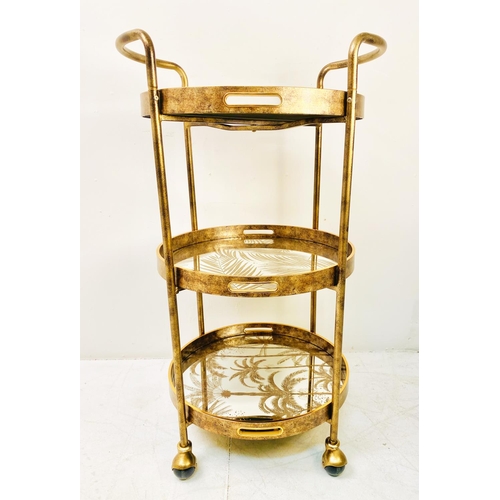 497 - DRINKS TROLLEY, gilt metal with three glazed tiers with palm tree decoration, 87cm H x 47cm W x 45cm... 