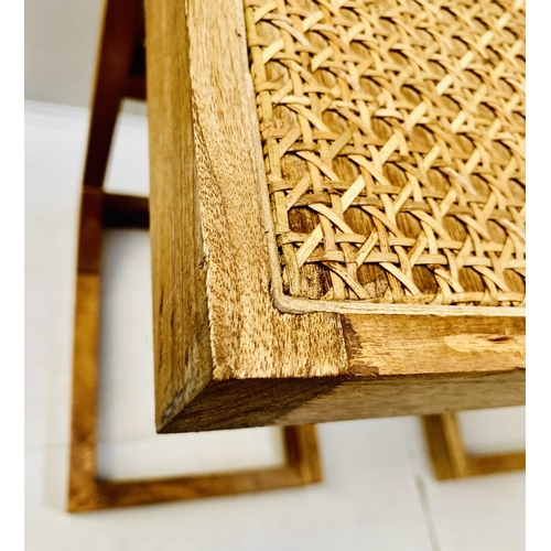 505 - SIDE TABLES, a pair, contemporary design teak and rattan, 60cm H x 40cm W x 30cm D. (2)