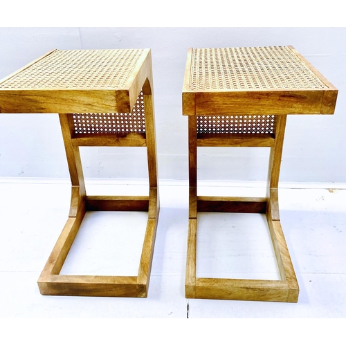 505 - SIDE TABLES, a pair, contemporary design teak and rattan, 60cm H x 40cm W x 30cm D. (2)