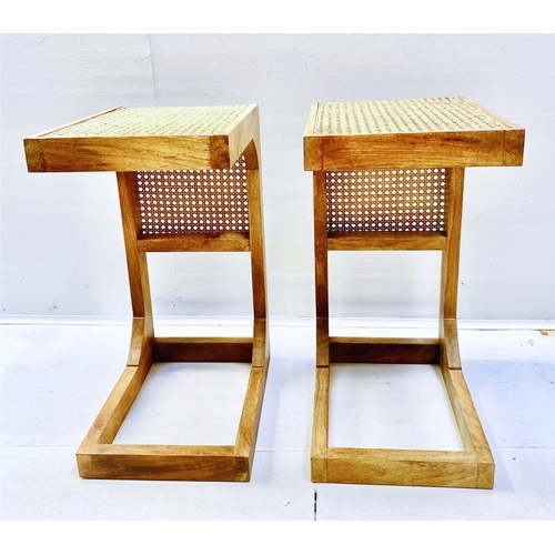 505 - SIDE TABLES, a pair, contemporary design teak and rattan, 60cm H x 40cm W x 30cm D. (2)