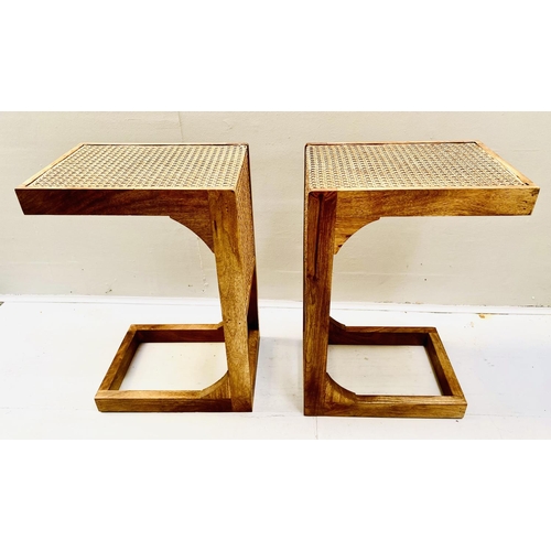 505 - SIDE TABLES, a pair, contemporary design teak and rattan, 60cm H x 40cm W x 30cm D. (2)