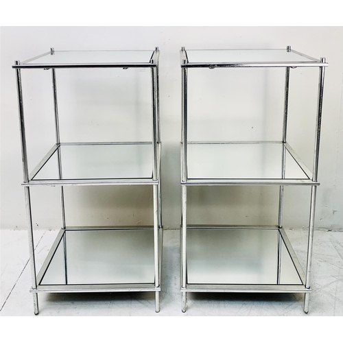 506 - ETAGERES, a pair, silvered finish with three glass tiers, 81cm H x 41cm W x 31cm D (2)