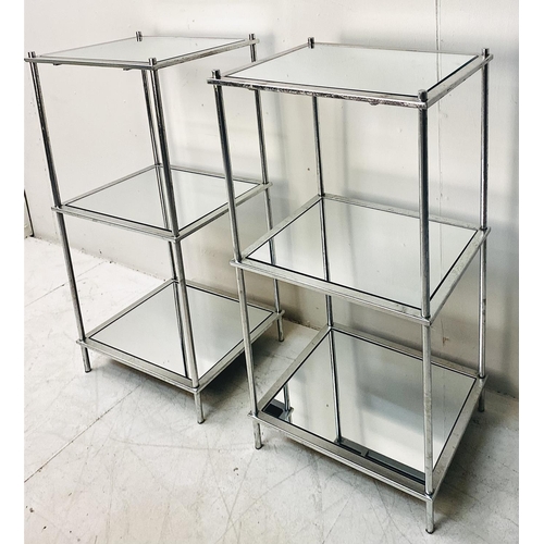 506 - ETAGERES, a pair, silvered finish with three glass tiers, 81cm H x 41cm W x 31cm D (2)