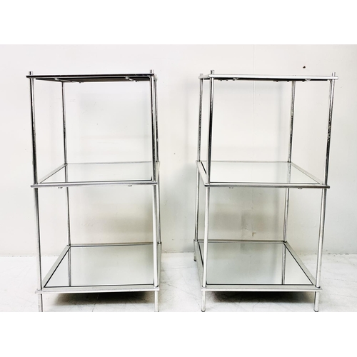 506 - ETAGERES, a pair, silvered finish with three glass tiers, 81cm H x 41cm W x 31cm D (2)