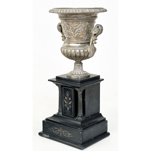 484 - TABLE VASES, a pair, 19th century neo classical style shelved metal urns on gilt incised plinths, 34... 