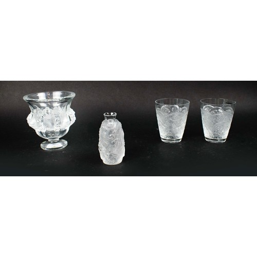 54 - LALIQUE 'FEMME FLEURS' BUD VASE, a dammpierre vase and two whiskey tumbles all with original boxes. ... 