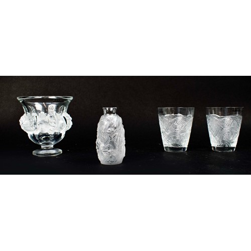 54 - LALIQUE 'FEMME FLEURS' BUD VASE, a dammpierre vase and two whiskey tumbles all with original boxes. ... 