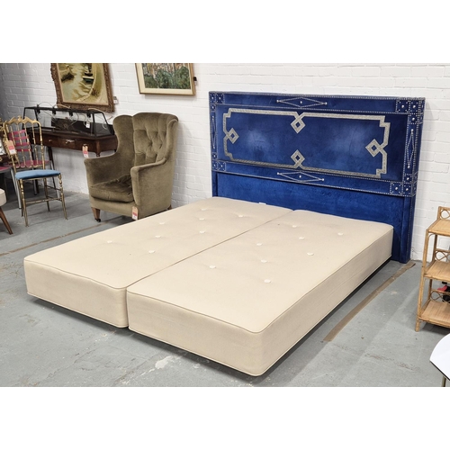 532 - HEADBOARD, in blue velvet with studded detail, 196cm x 132cm H along with two Vispring bed bases.