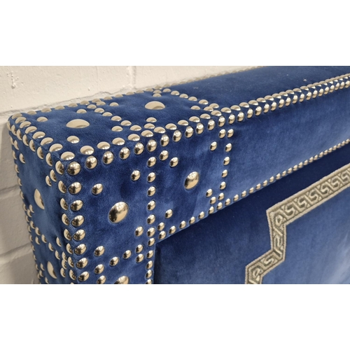 532 - HEADBOARD, in blue velvet with studded detail, 196cm x 132cm H along with two Vispring bed bases.