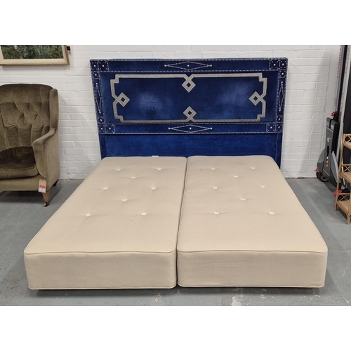 532 - HEADBOARD, in blue velvet with studded detail, 196cm x 132cm H along with two Vispring bed bases.