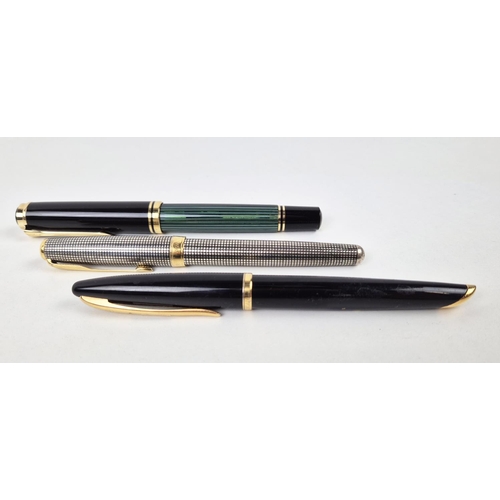 75 - FOUNTAIN PENS, three, a German pelikan green stripe screw cap with 18ct-750 marked nib and pelikan b... 