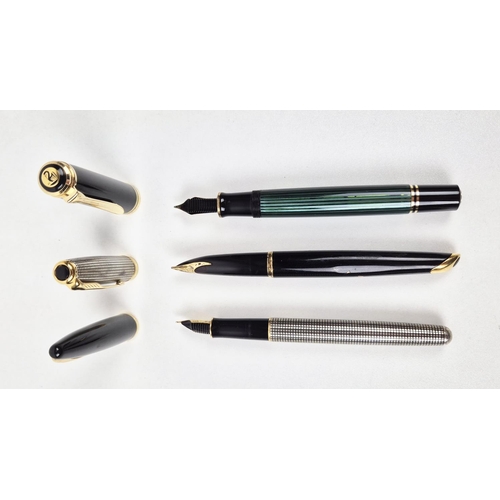 75 - FOUNTAIN PENS, three, a German pelikan green stripe screw cap with 18ct-750 marked nib and pelikan b... 