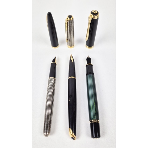 75 - FOUNTAIN PENS, three, a German pelikan green stripe screw cap with 18ct-750 marked nib and pelikan b... 