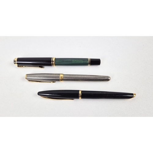 75 - FOUNTAIN PENS, three, a German pelikan green stripe screw cap with 18ct-750 marked nib and pelikan b... 