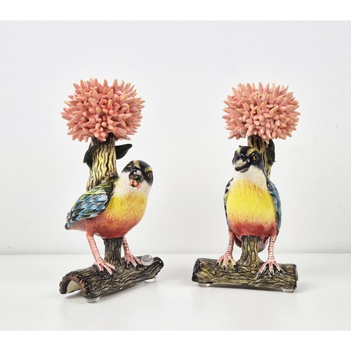 77 - ARDMORE DESIGN WEAVER BIRD CANDLESTICKS, a pair, modelled perched on branches, signed, made by Betty... 