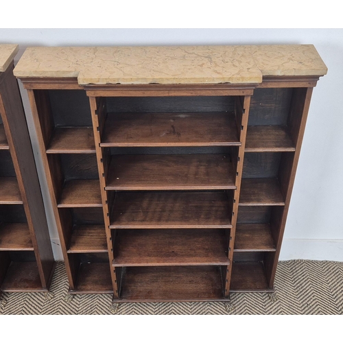 384 - BREAKFRONT BOOKCASES, a pair, mahogany early 20th century marble topped, 93cm H x 81cm W x 21cm D. (... 