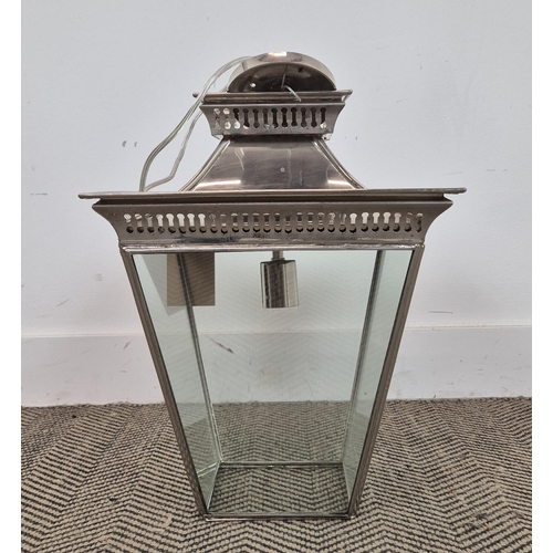 486 - VILLAVERDE LANTERN, square, pagoda form, polished metal and glass, 46cm H x 35cm.