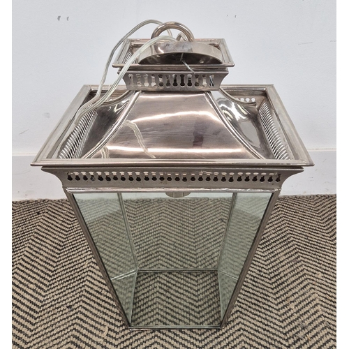 486 - VILLAVERDE LANTERN, square, pagoda form, polished metal and glass, 46cm H x 35cm.