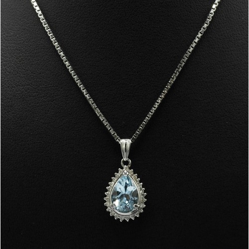 109 - PLATINUM PEAR SHAPED PENDANT, set with a pear shaped aquamarine and a halo of round brilliant cut di... 