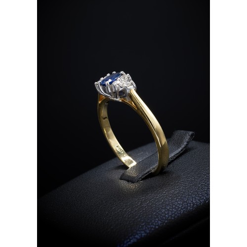 137 - AN 18CT YELLOW GOLD SAPPHIRE AND DIAMOND DRESS RING, the central oval mixed cut sapphire flanked by ... 