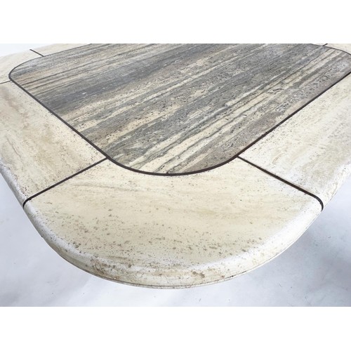 267 - LOW TRAVERTINE TABLE, 1970s Italian rounded square marble and contrast marble bound on a plinth base... 