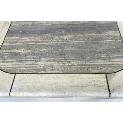 267 - LOW TRAVERTINE TABLE, 1970s Italian rounded square marble and contrast marble bound on a plinth base... 