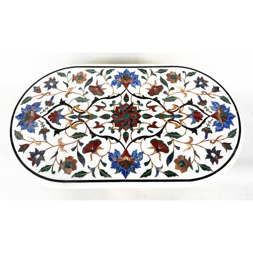 258 - PIETRA DURA LOW TABLE, oval polychrome foliate marble inset with conforming octagonal plinth, 110cm ... 