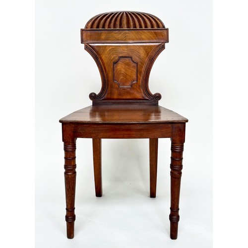 262 - HALL CHAIRS, a pair, Regency mahogany with arched and scrolled backs, panel seats and turned support... 