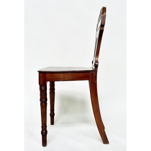 262 - HALL CHAIRS, a pair, Regency mahogany with arched and scrolled backs, panel seats and turned support... 