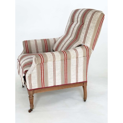 253 - METAMORPHIC ARMCHAIR/CHAISE, early 20th century French striped upholstery foldout armchair transform... 