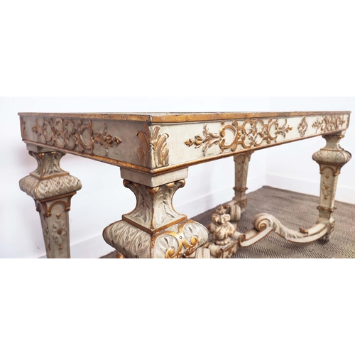 203 - CENTRE TABLE, 19th century Italian parcel gilt and cream painted, 138cm x 67cm D x 72cm H.