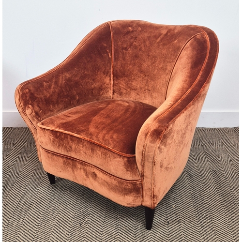 321 - SEDILIA ARMCHAIRS, a pair, burnt orange velvet, each 77cm W x 76cm H. (2)