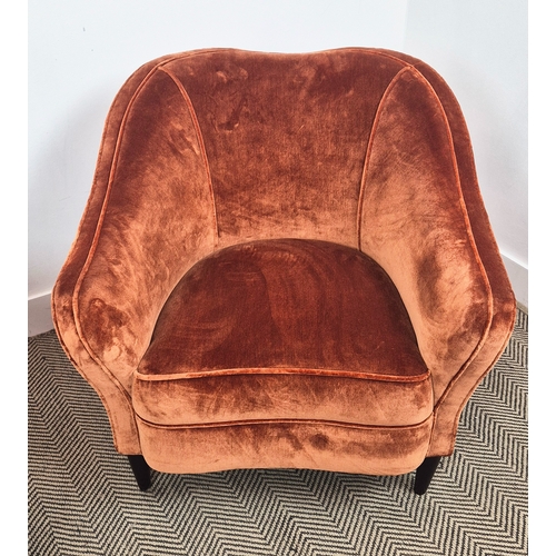 321 - SEDILIA ARMCHAIRS, a pair, burnt orange velvet, each 77cm W x 76cm H. (2)