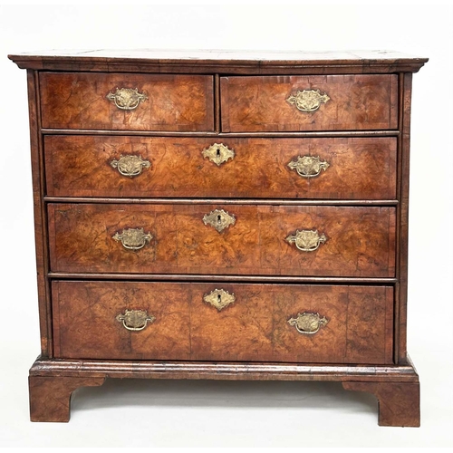 525 - CHEST, early 18th century English Queen Anne figured walnut and crossbanded with two short above thr... 