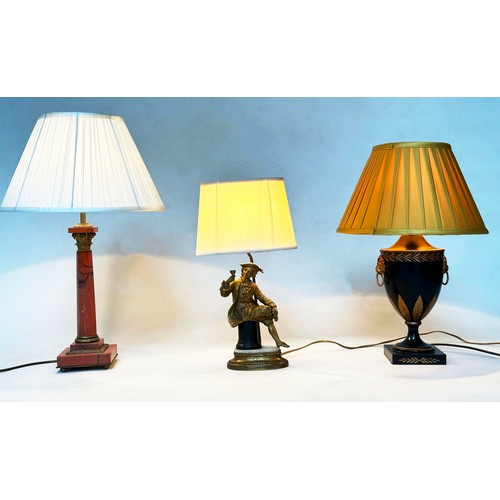 547 - TABLE LAMPS, including mid 20th century French gilt metal and marble, with 18th century gentleman fi... 